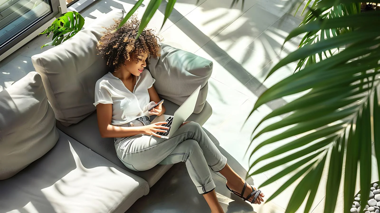 Relaxing Woman on Terrace with Cellphone — free download from Dotvec