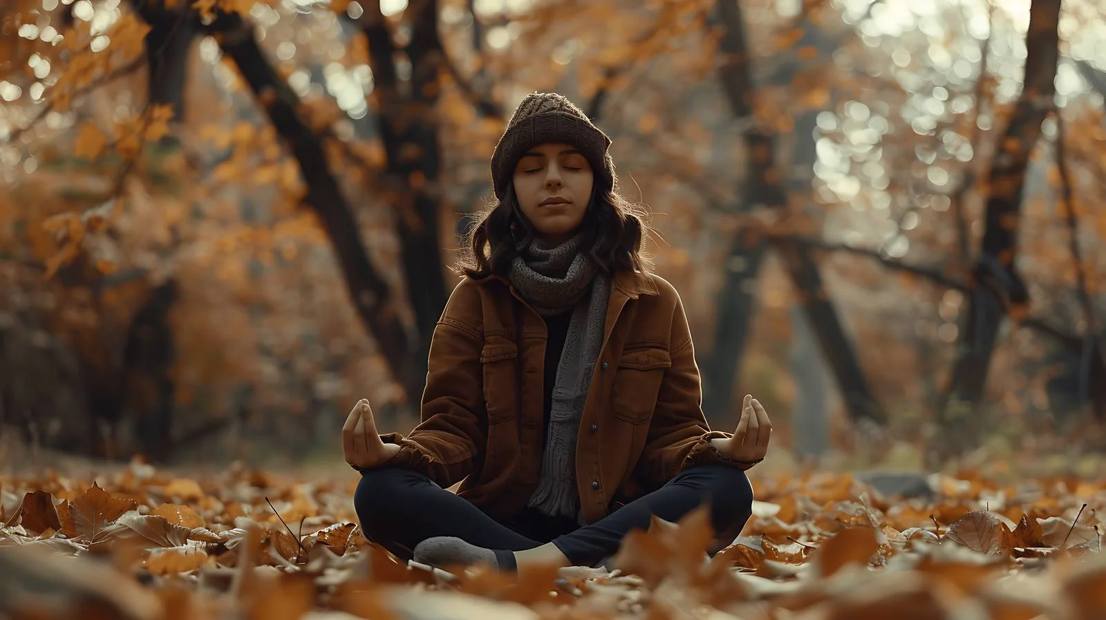 Serene Woman Meditating in Autumn Forest — free download from Dotvec