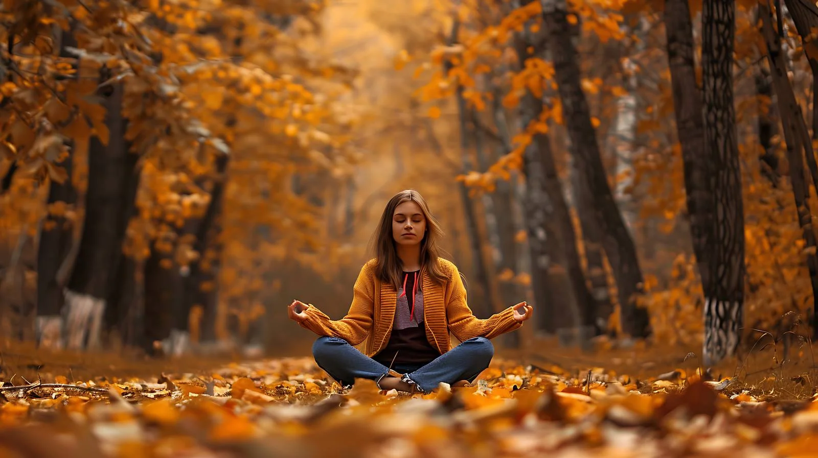Serene young lady meditating autumn forest — free download from Dotvec