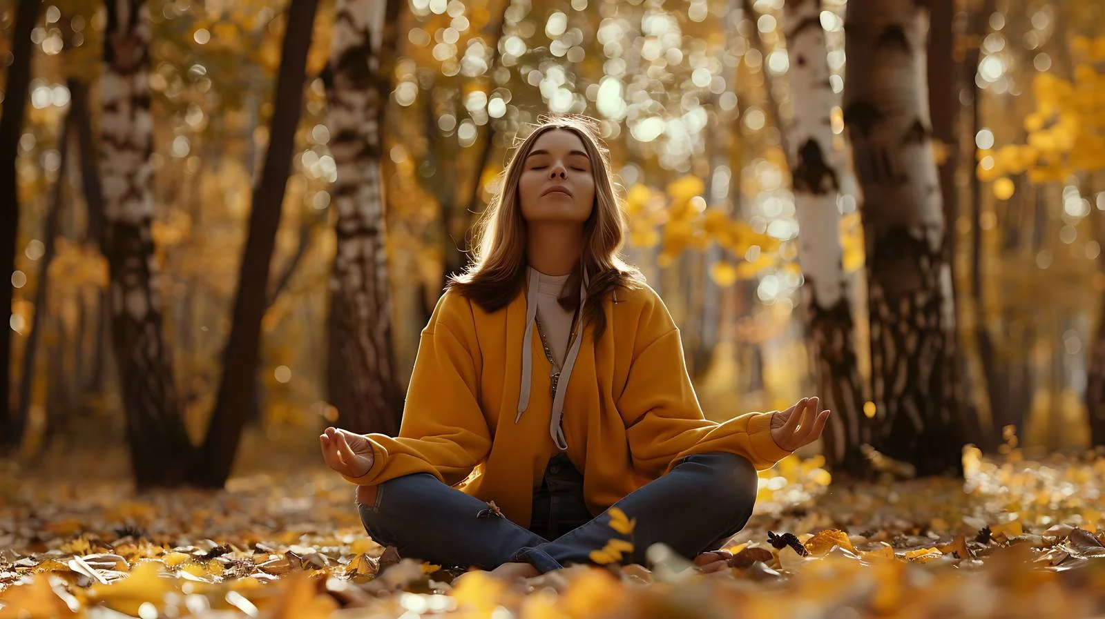 Tranquil young woman meditates in serene forest — free download from Dotvec