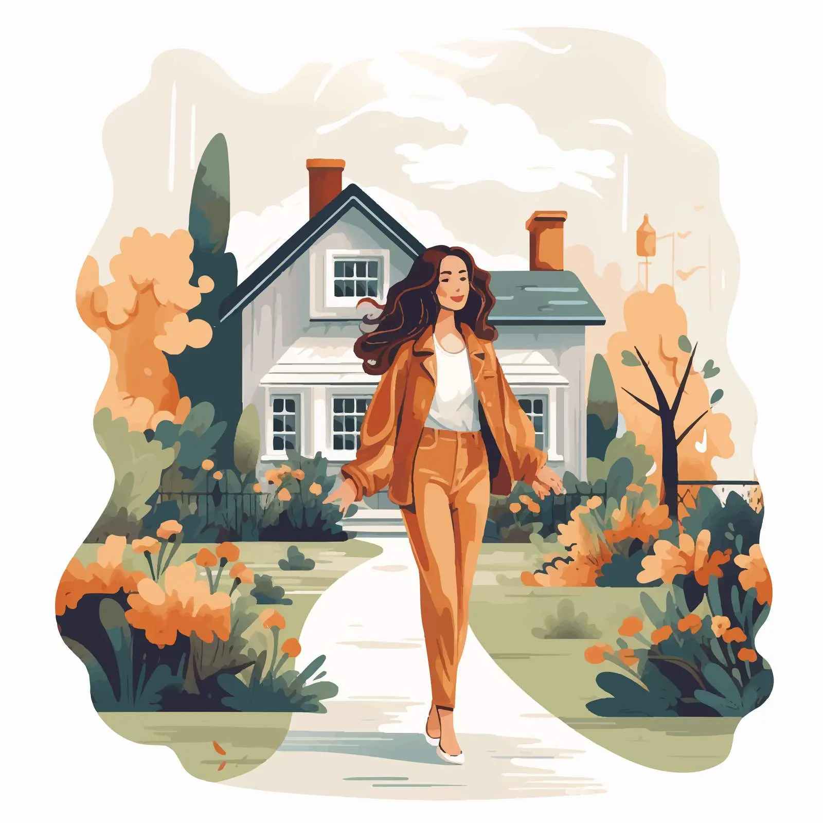 Young Woman Outside House Cartoon Illustration – free homey feeling image from Dotvec