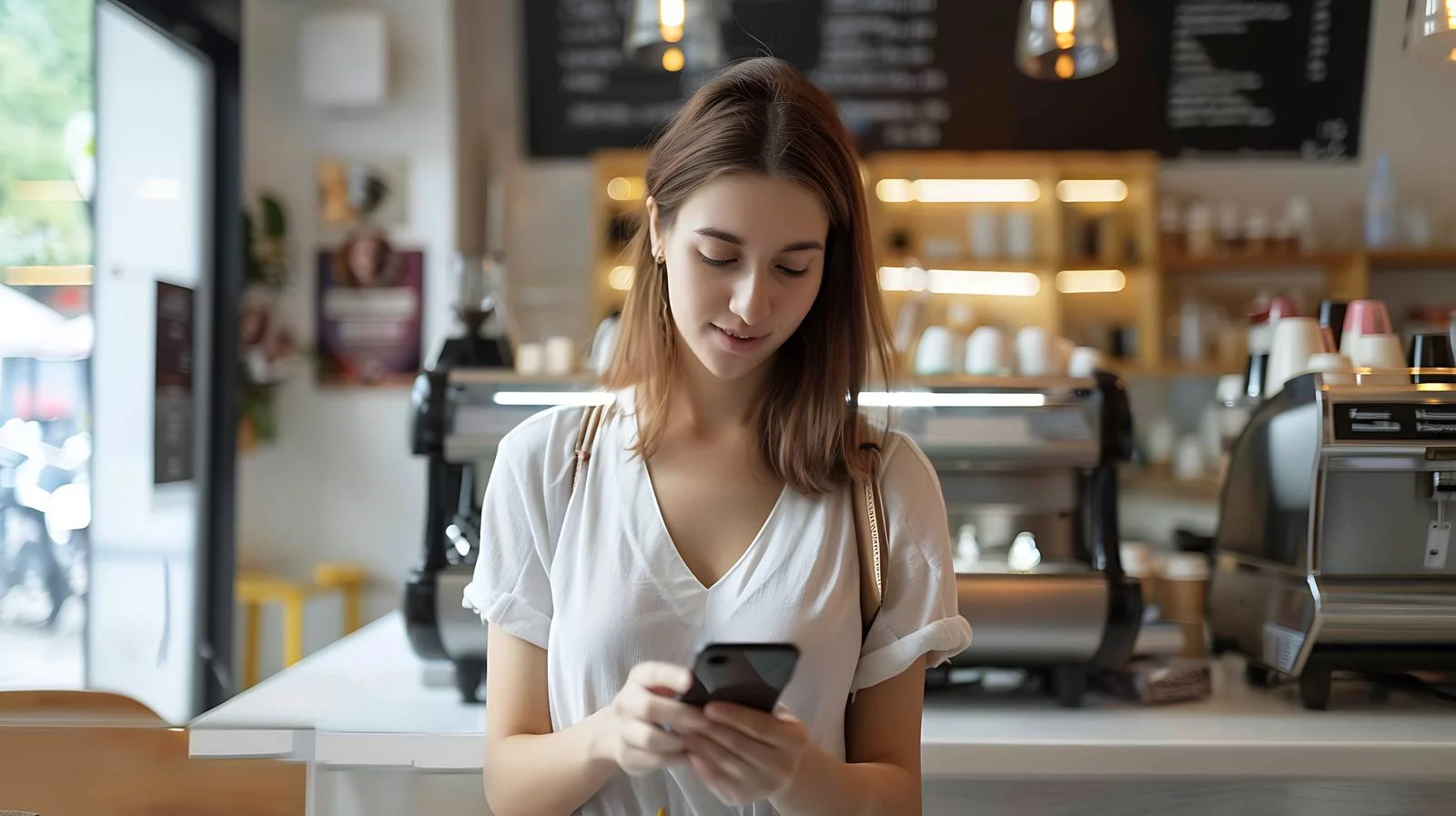 Woman paying bill with smartphone at coffee shop — free download from Dotvec