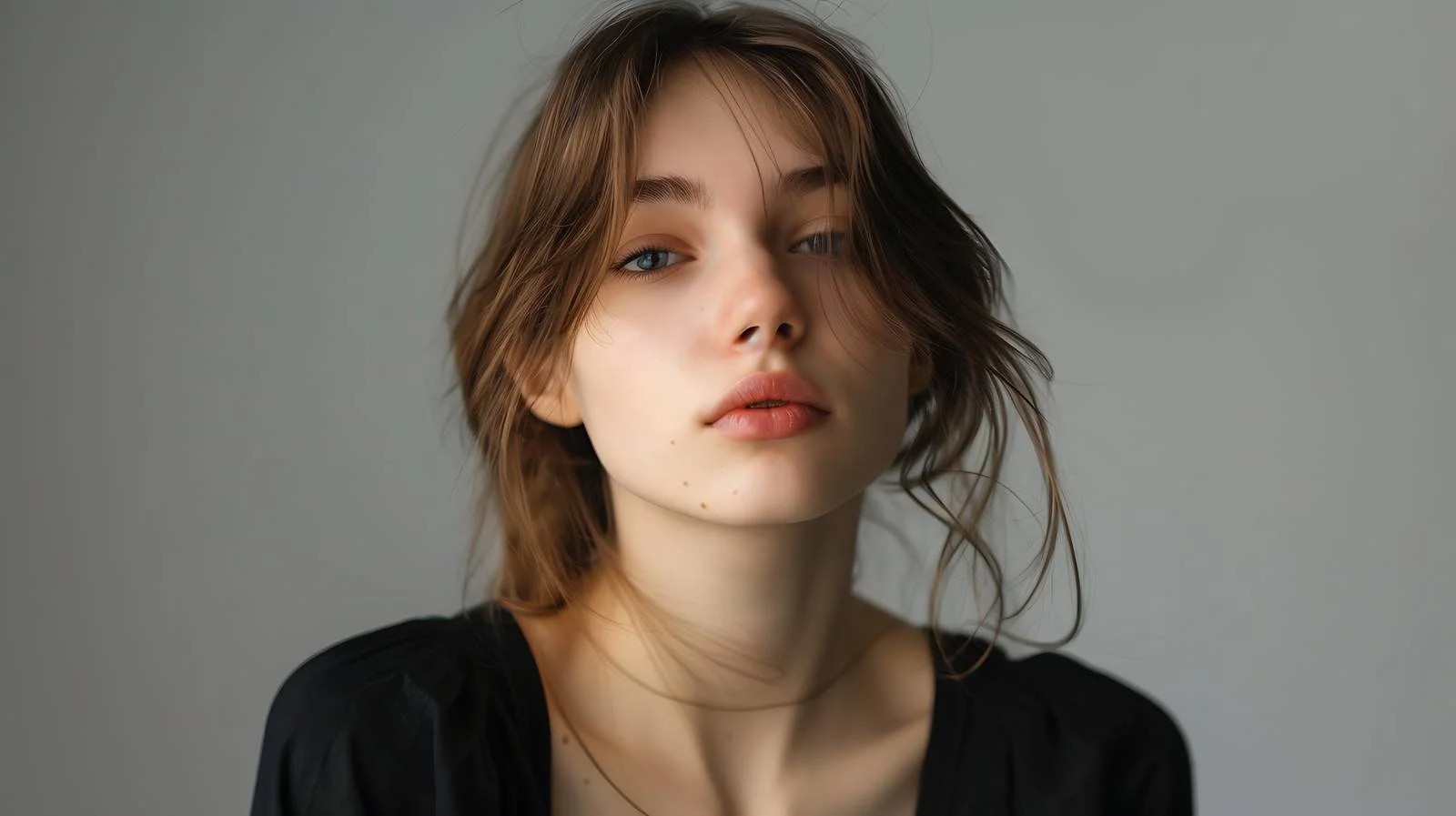 Elegant female model in studio shoots close-up — free download from Dotvec