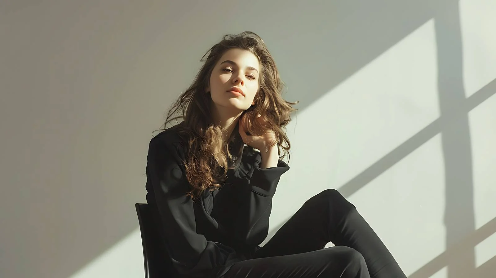 Elegant young woman posing on studio chair under soft lighting — free download from Dotvec