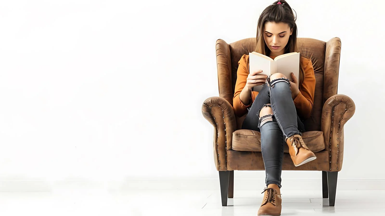 Elegant Woman Reading Inverted Book on Armchair — free download from Dotvec