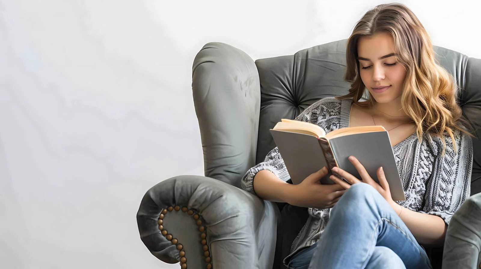 Serene Woman Reading Book on Armchair — free download from Dotvec