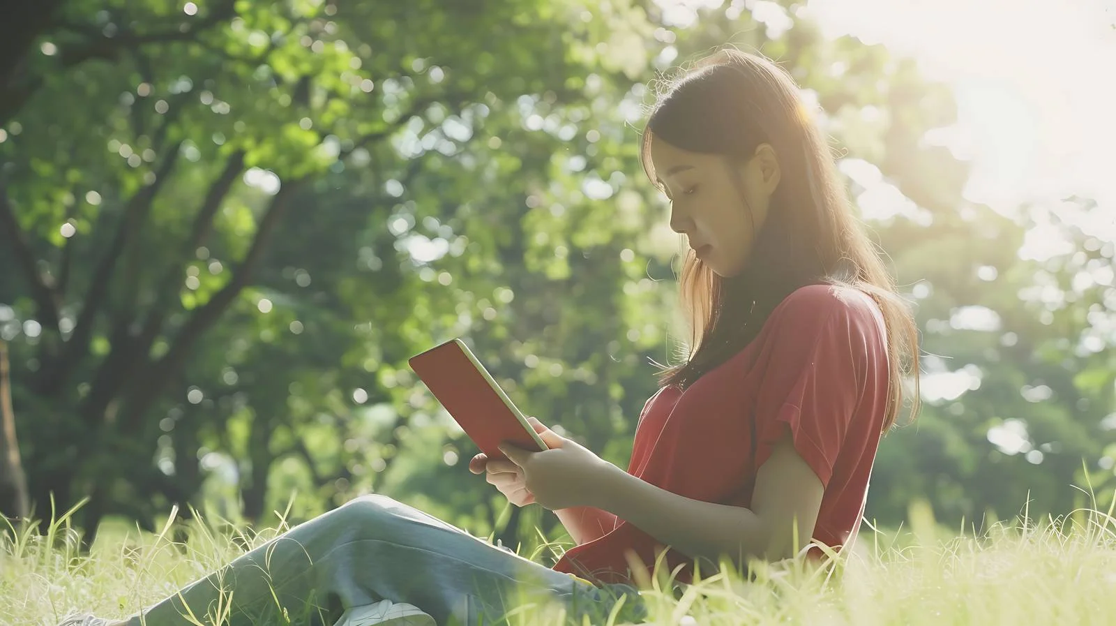 Woman Relaxing with Tablet in Park — free download from Dotvec