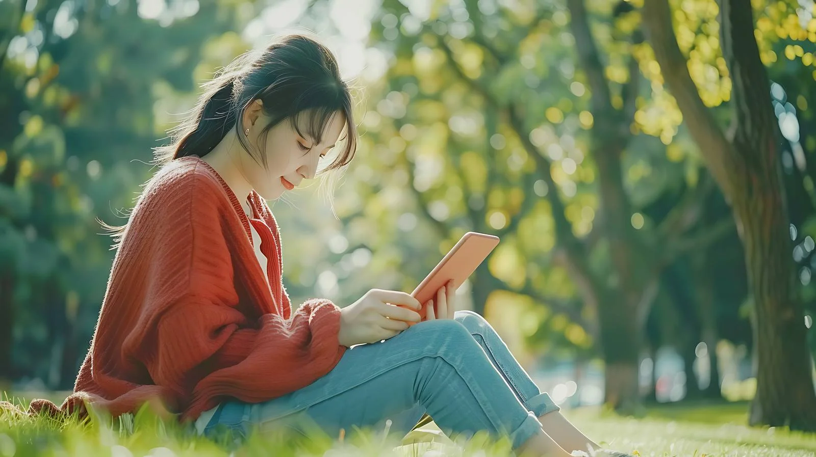Relaxed woman using tablet in park — free download from Dotvec