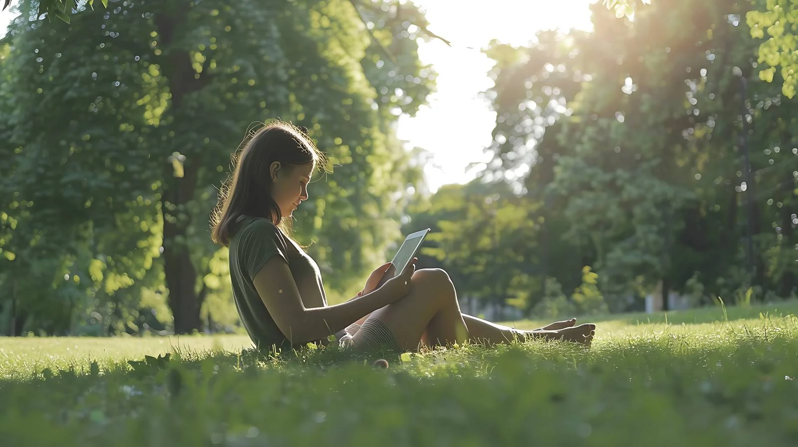 Relaxed young lady in park with tablet — free download from Dotvec