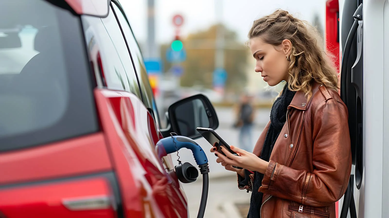 Lady Using Smartphone next to Electric Car — free download from Dotvec