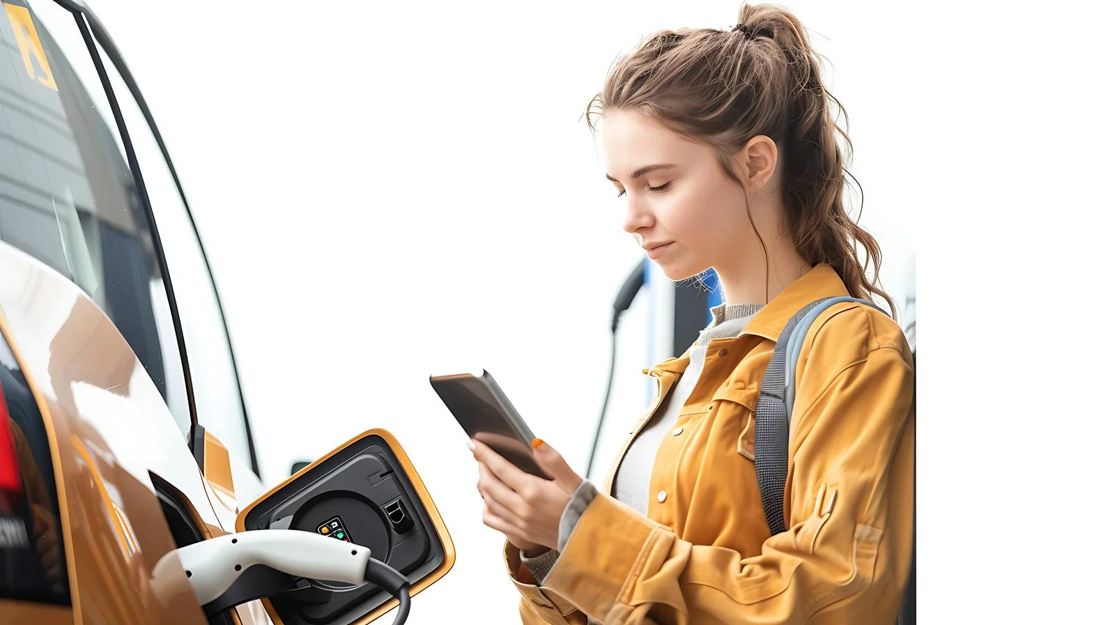 Woman scans phone near electric car — free download from Dotvec