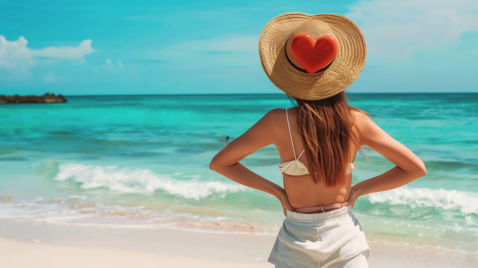 Woman Showing Heart Symbol on Beach — free download from Dotvec