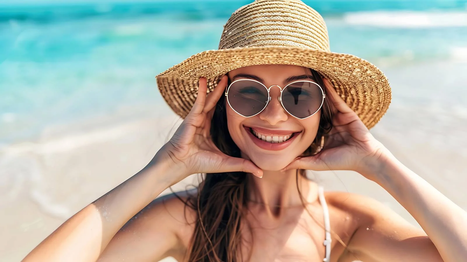 Young Woman at Beach Showing Heart Symbol — free download from Dotvec