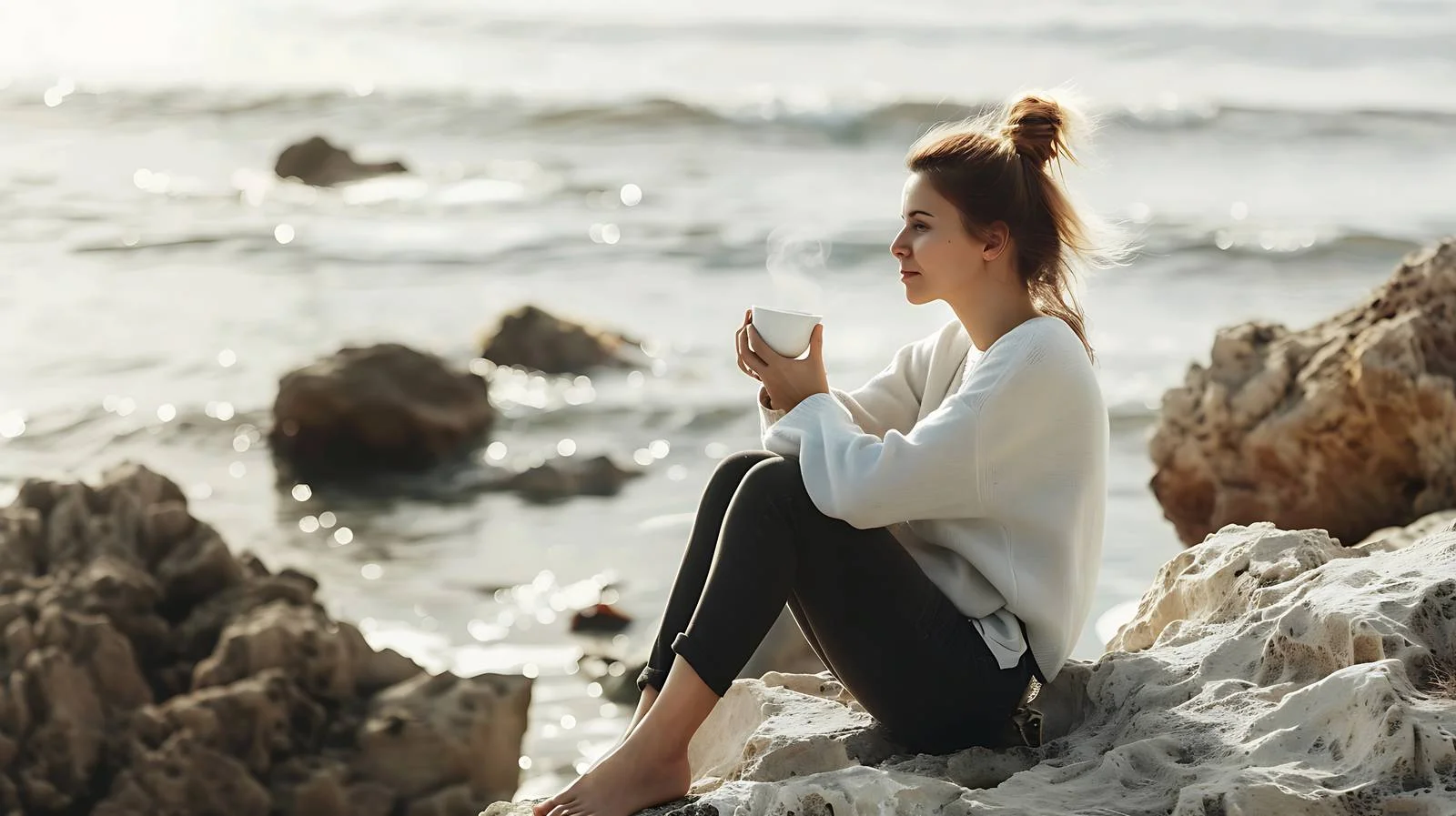 Serene Beach Rock Sitting Woman — free download from Dotvec