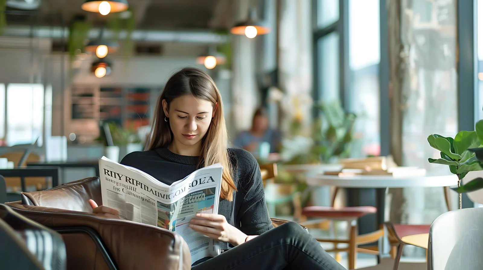 Young Woman in Coworking Space Reading Newspaper — free download from Dotvec