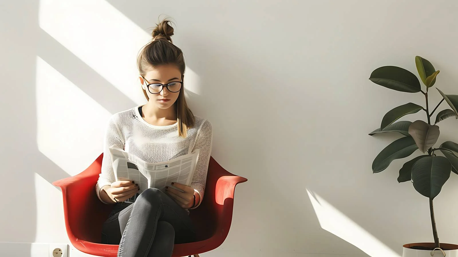 Professional workspace: Woman reading newspaper — free download from Dotvec