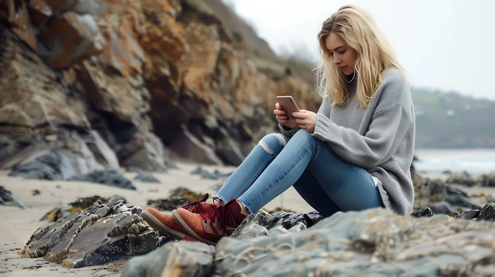 Serene young lady with phone on rocky shore — free download from Dotvec