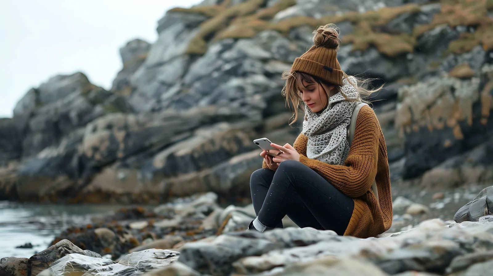 Serene woman on rocky beach with smartphone — free download from Dotvec