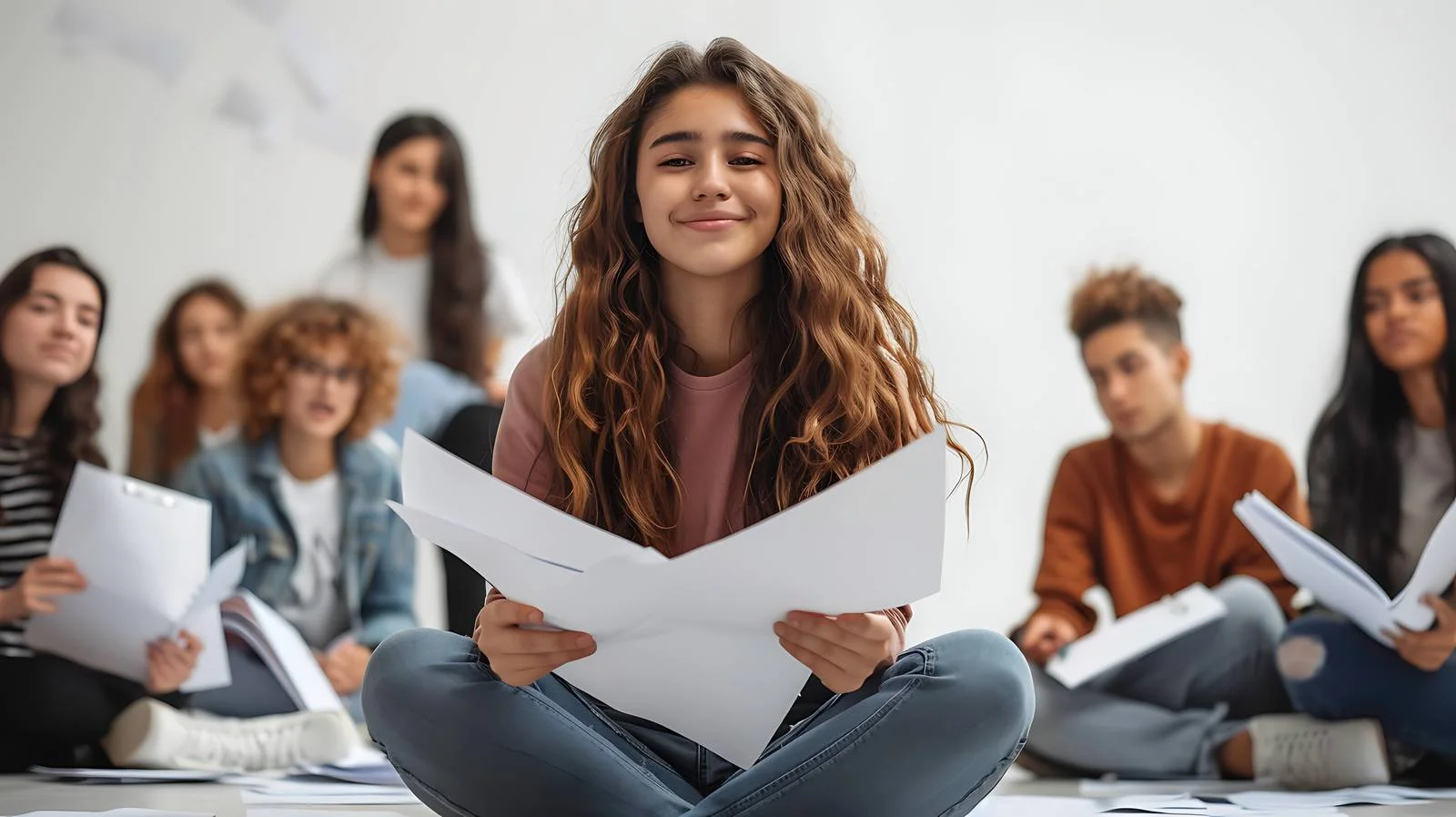 Young Woman Sitting With Friends and Papers — free download from Dotvec