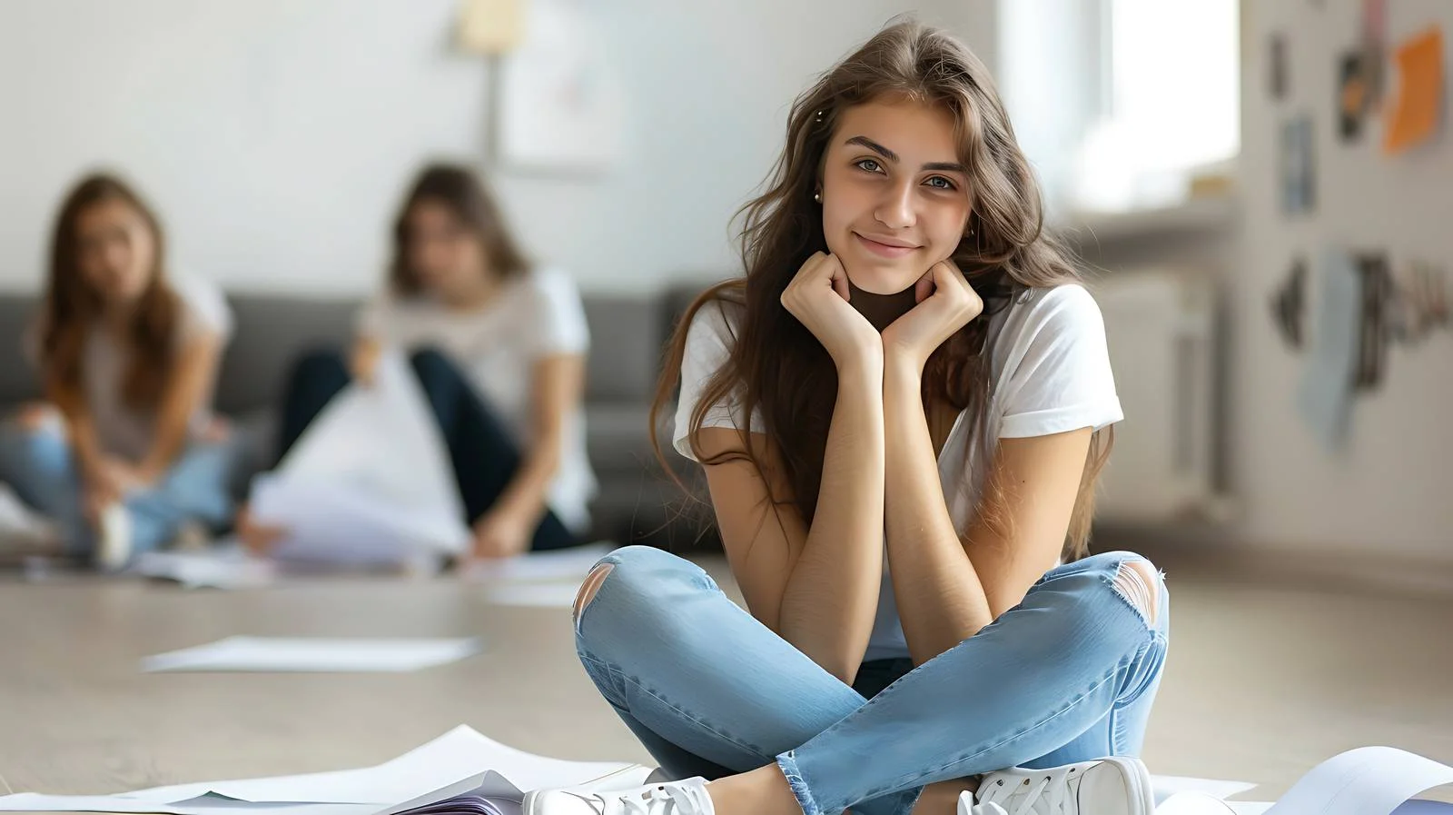 Young Woman Organizing Papers with Friends — free download from Dotvec