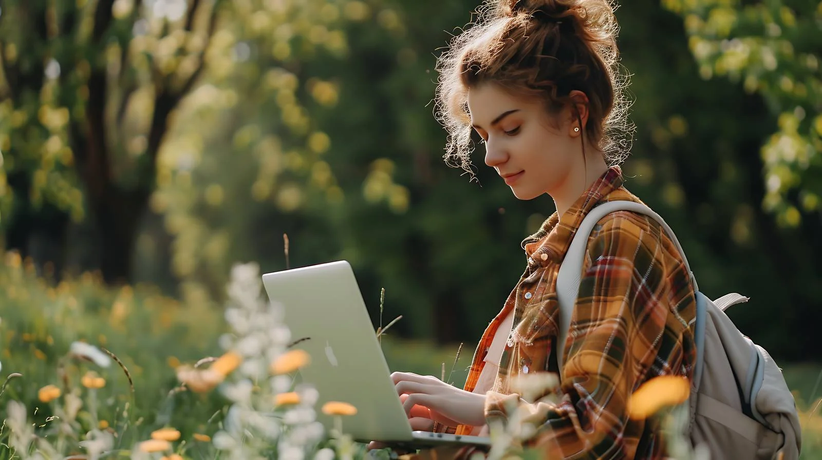 Female with laptop outside near nature — free download from Dotvec
