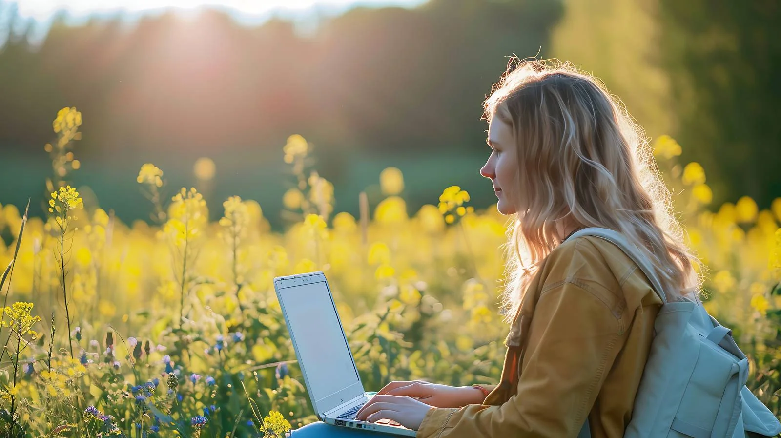 Woman using laptop in natural outdoor setting — free download from Dotvec