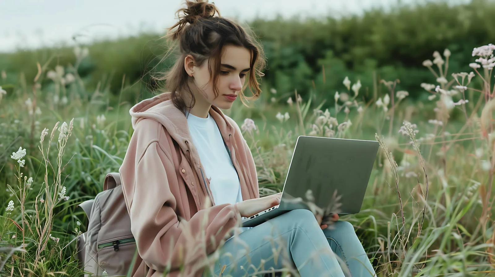 Woman working on laptop outdoors in nature — free download from Dotvec