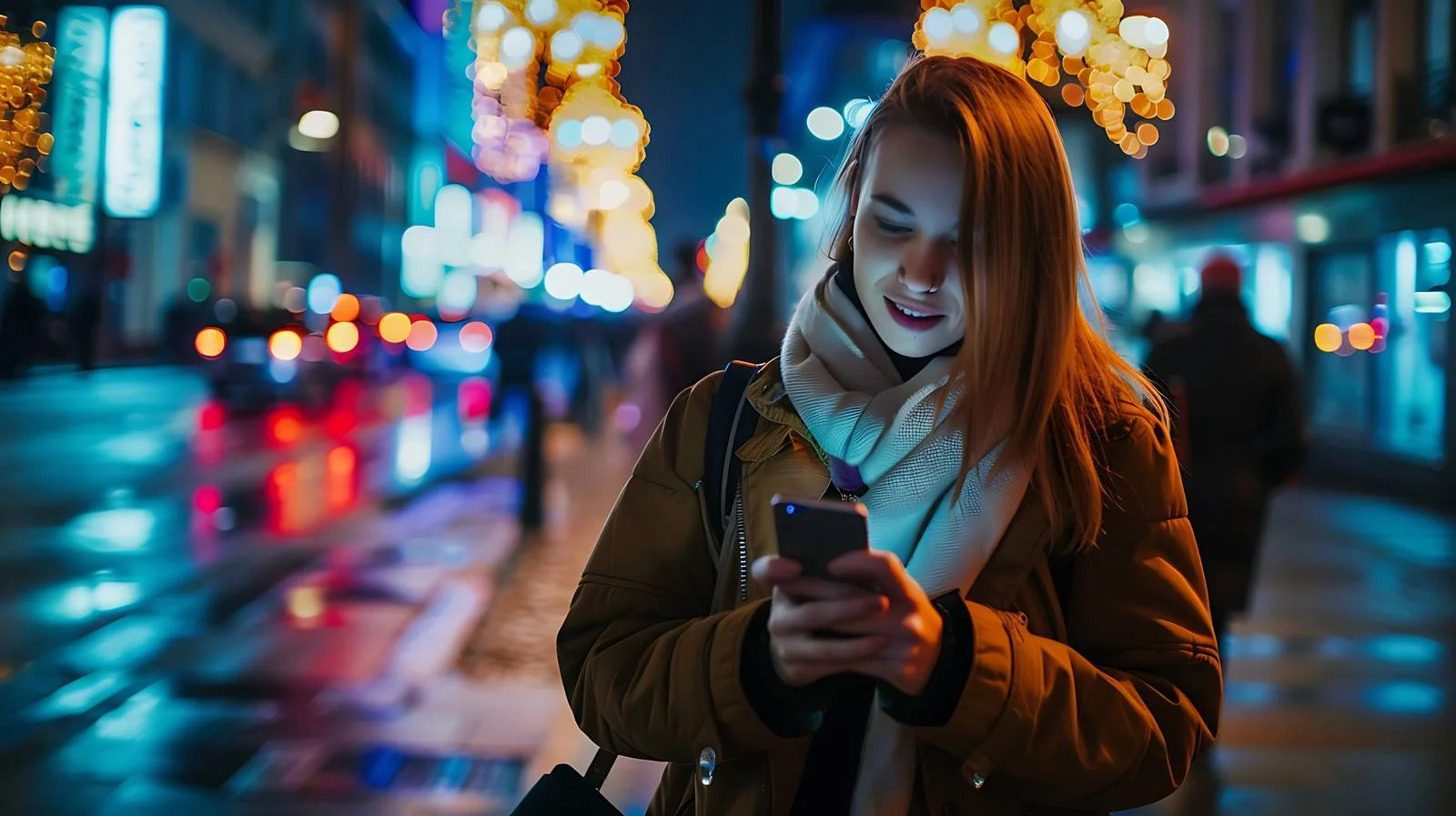 Urban Night Scene: Woman on Smartphone — free download from Dotvec