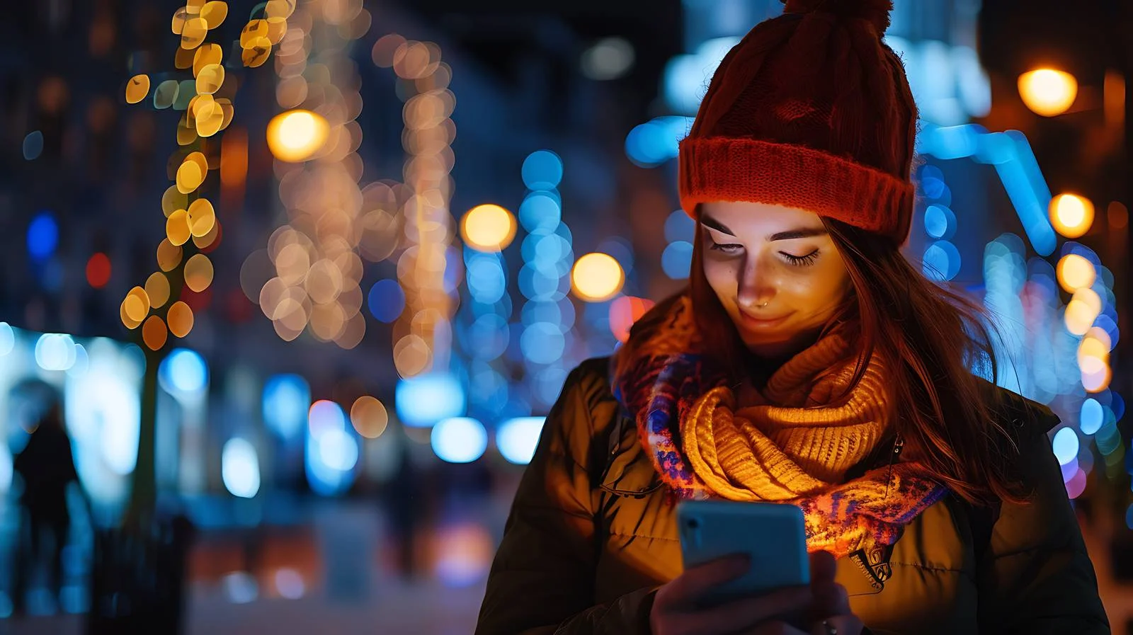 Night city smartphone use by young woman — free download from Dotvec