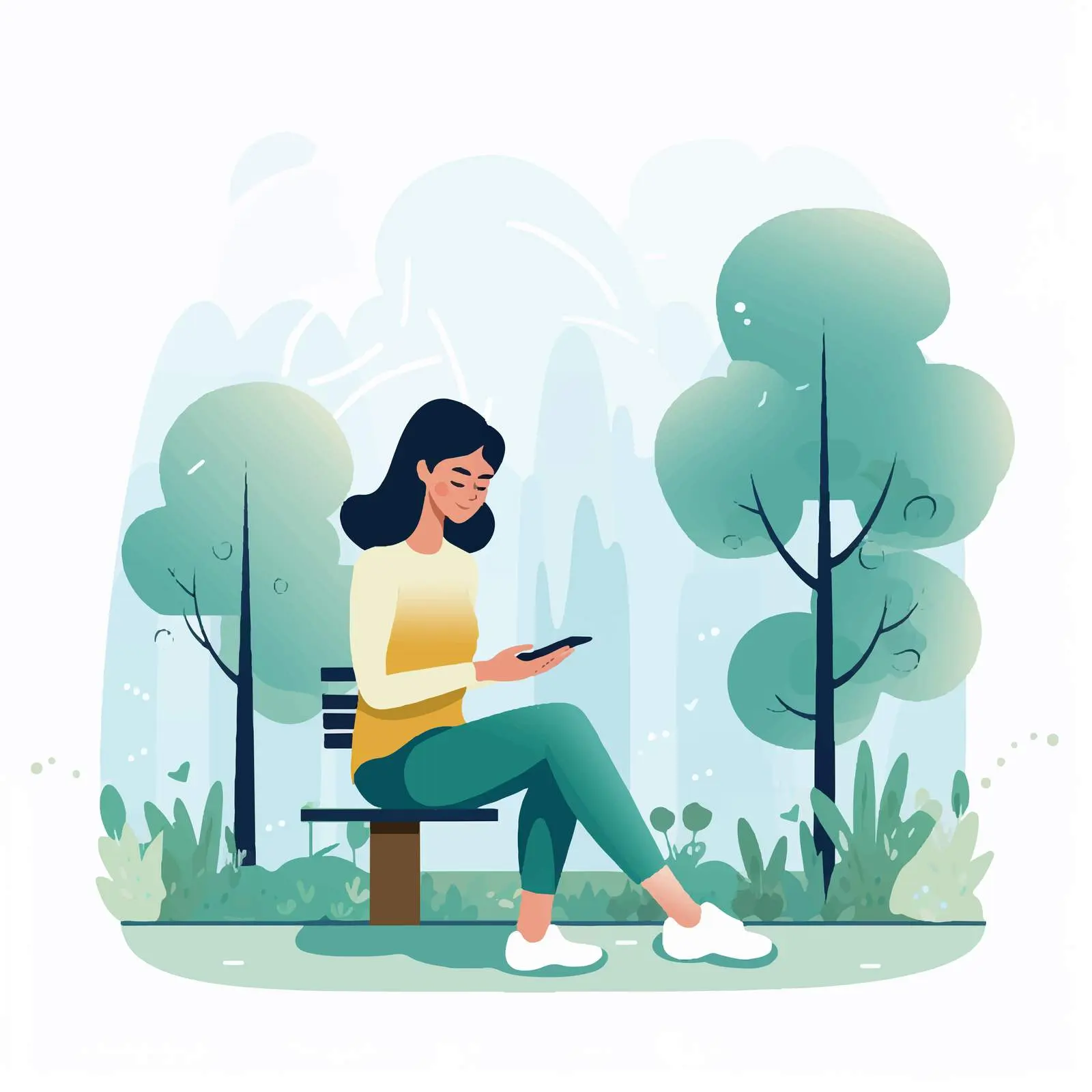 Young Woman Using Smartphone in Park Vector Illustration — free download from Dotvec