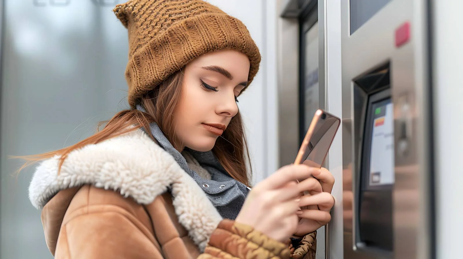 Woman Using Phone for Cardless Withdrawal — free download from Dotvec