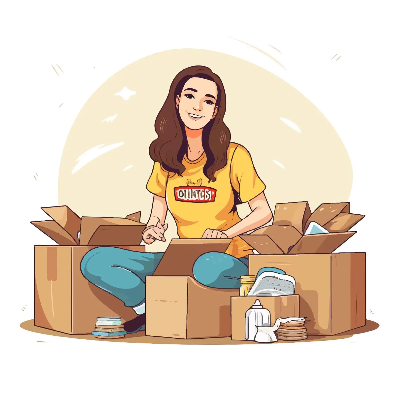 Young Woman Volunteer with Donation Boxes Vector – free filled image from Dotvec