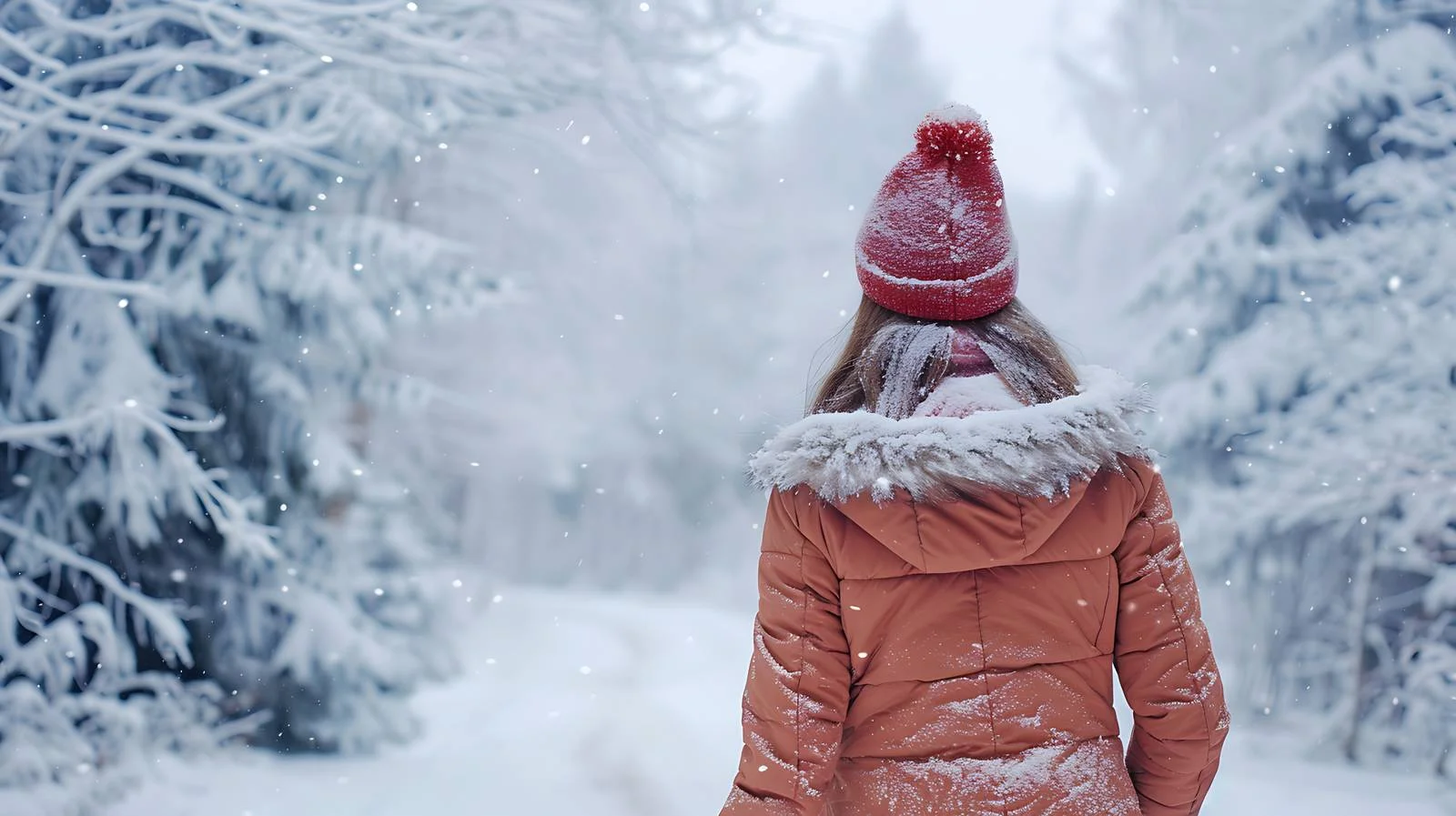 Solitary female strolling snowy forest trail — free download from Dotvec