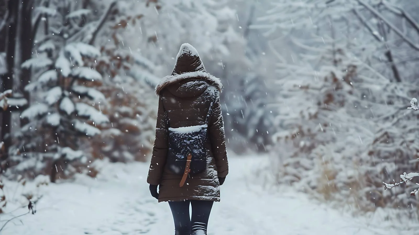 Solitary woman strolling snowy woodland scene — free download from Dotvec