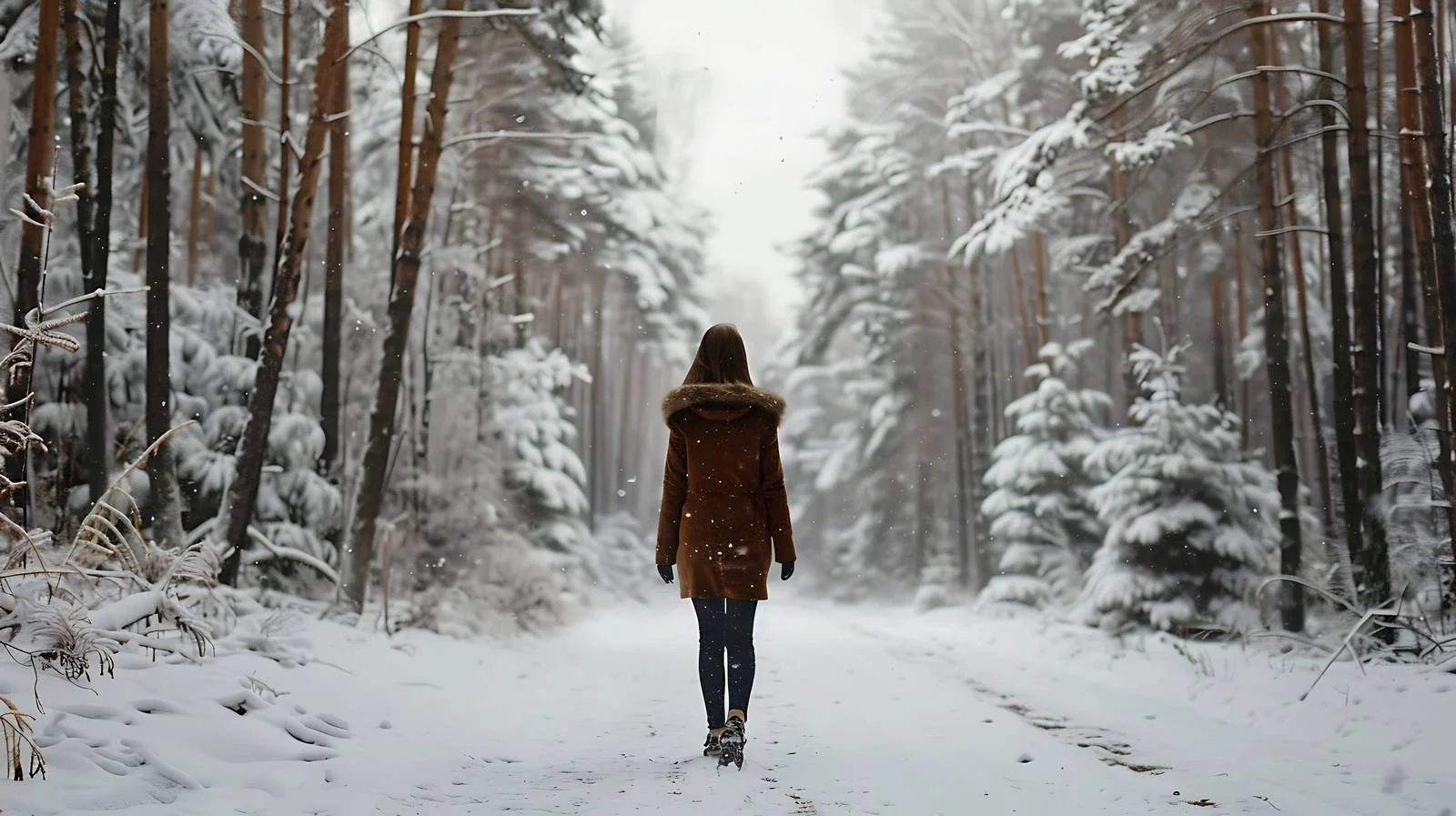 Woman walking in snowy forest scenery — free download from Dotvec