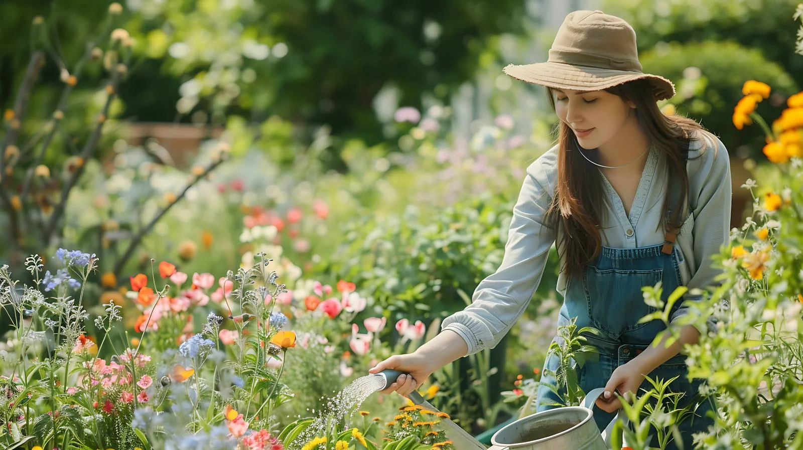 Lady Watering Flowers in Isolated Garden — free download from Dotvec