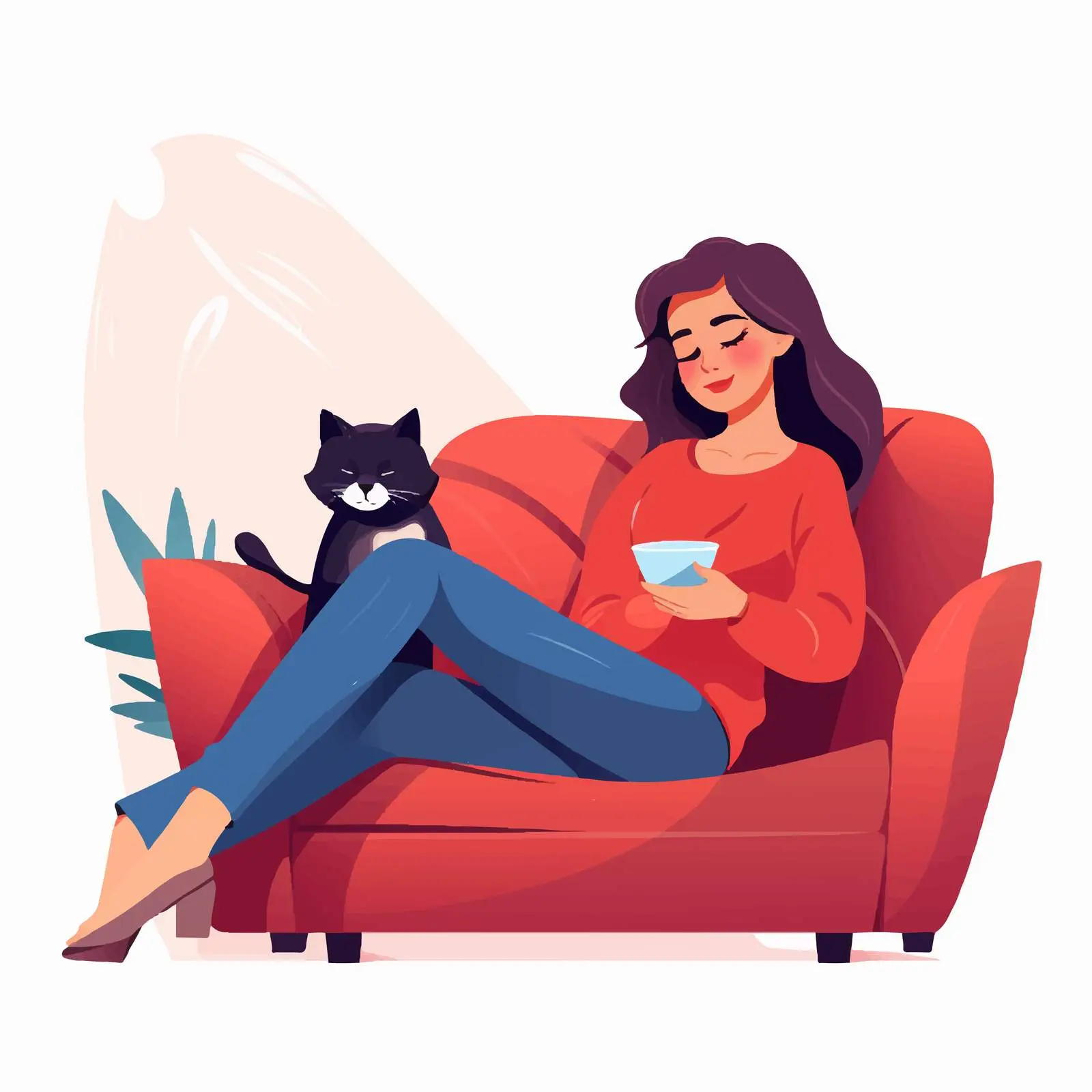 Young Woman with Cat on Sofa - Cartoon Vector — free download from Dotvec