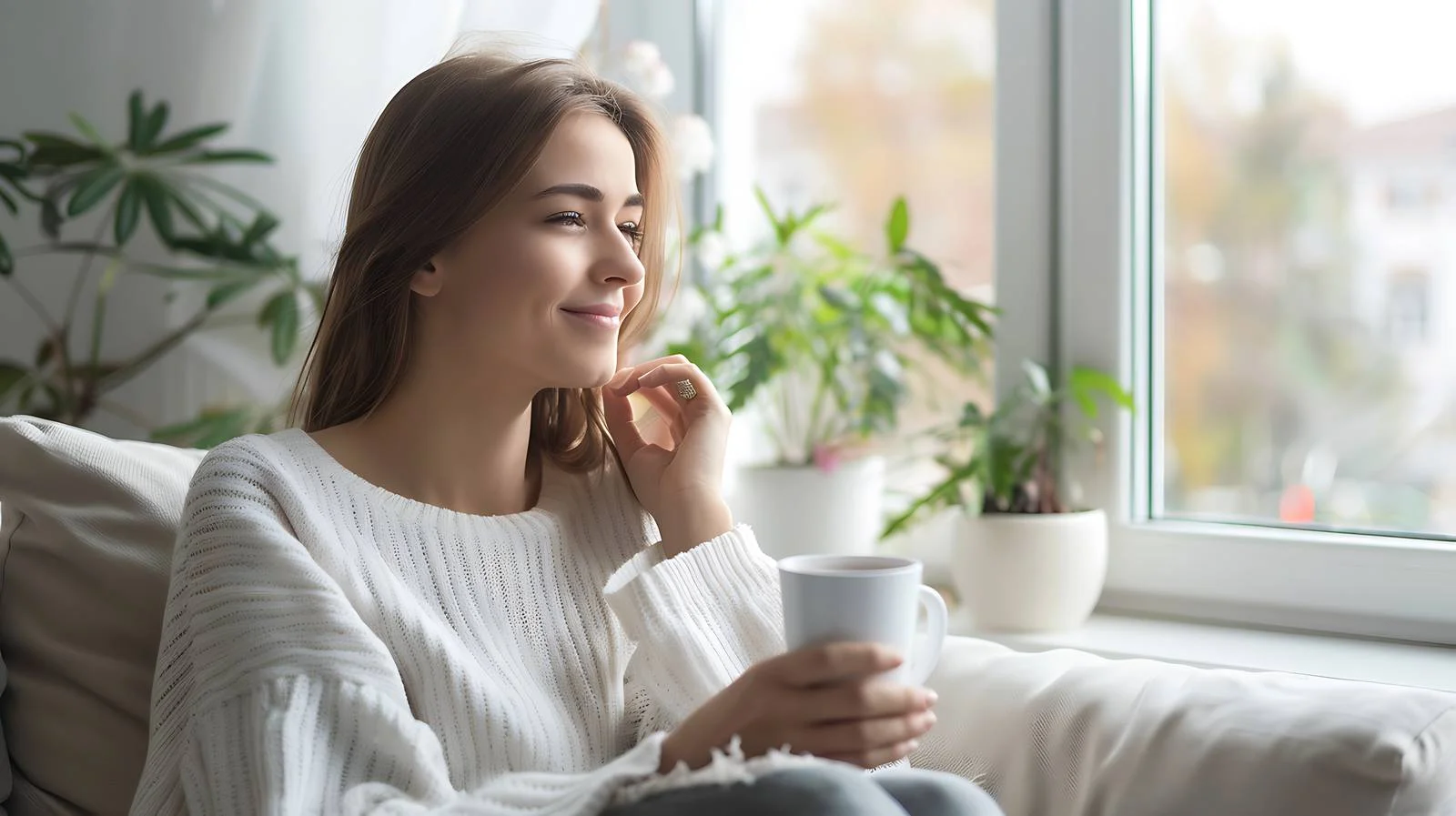 Relaxed woman with coffee on couch — free download from Dotvec
