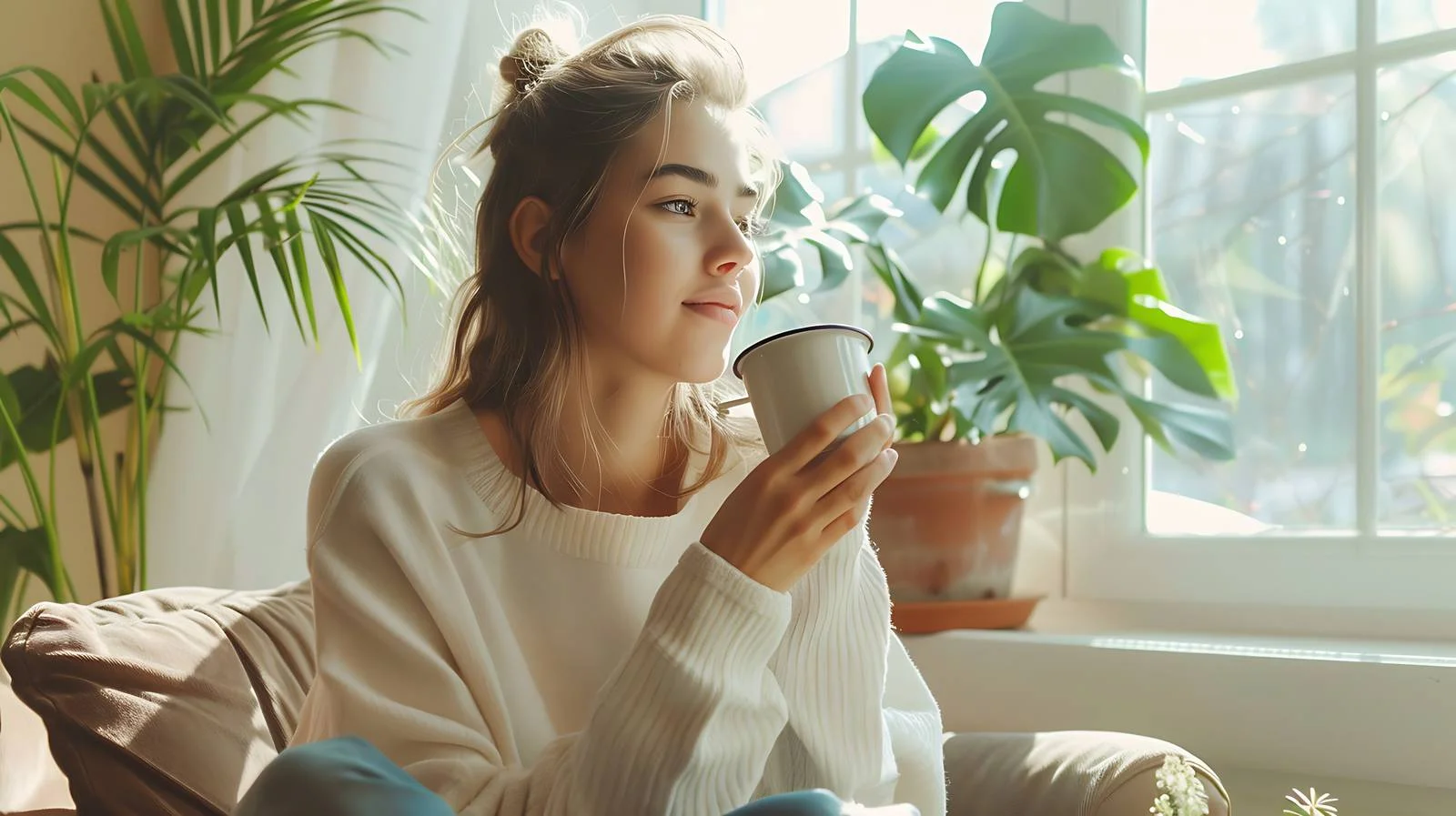 Relaxing woman enjoying coffee on couch — free download from Dotvec