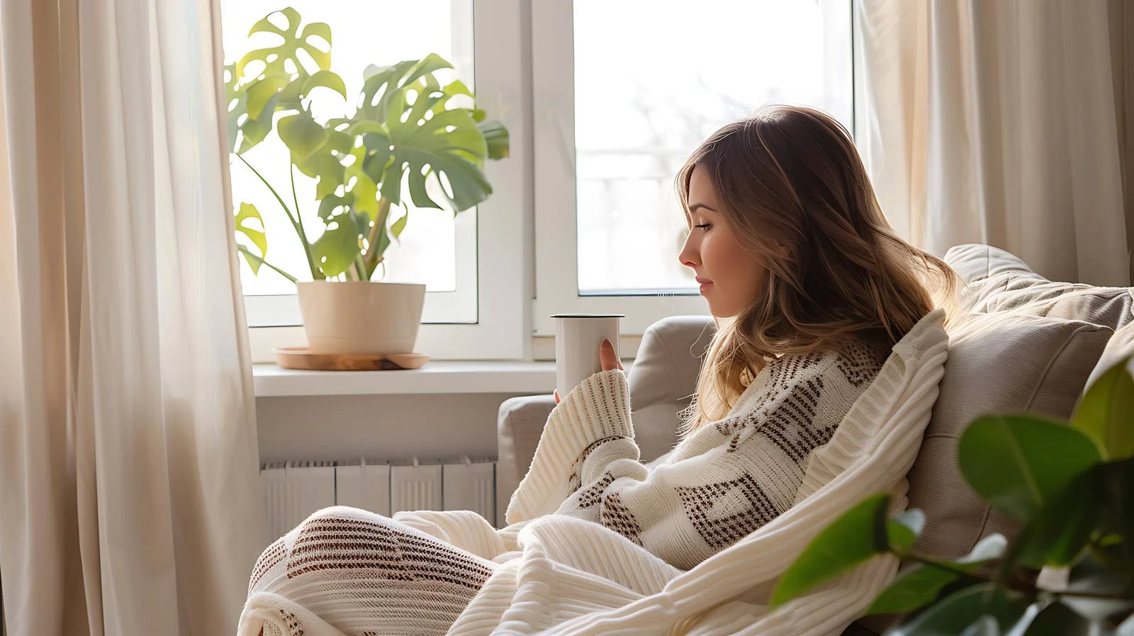 Relaxed woman enjoying coffee on sofa — free download from Dotvec