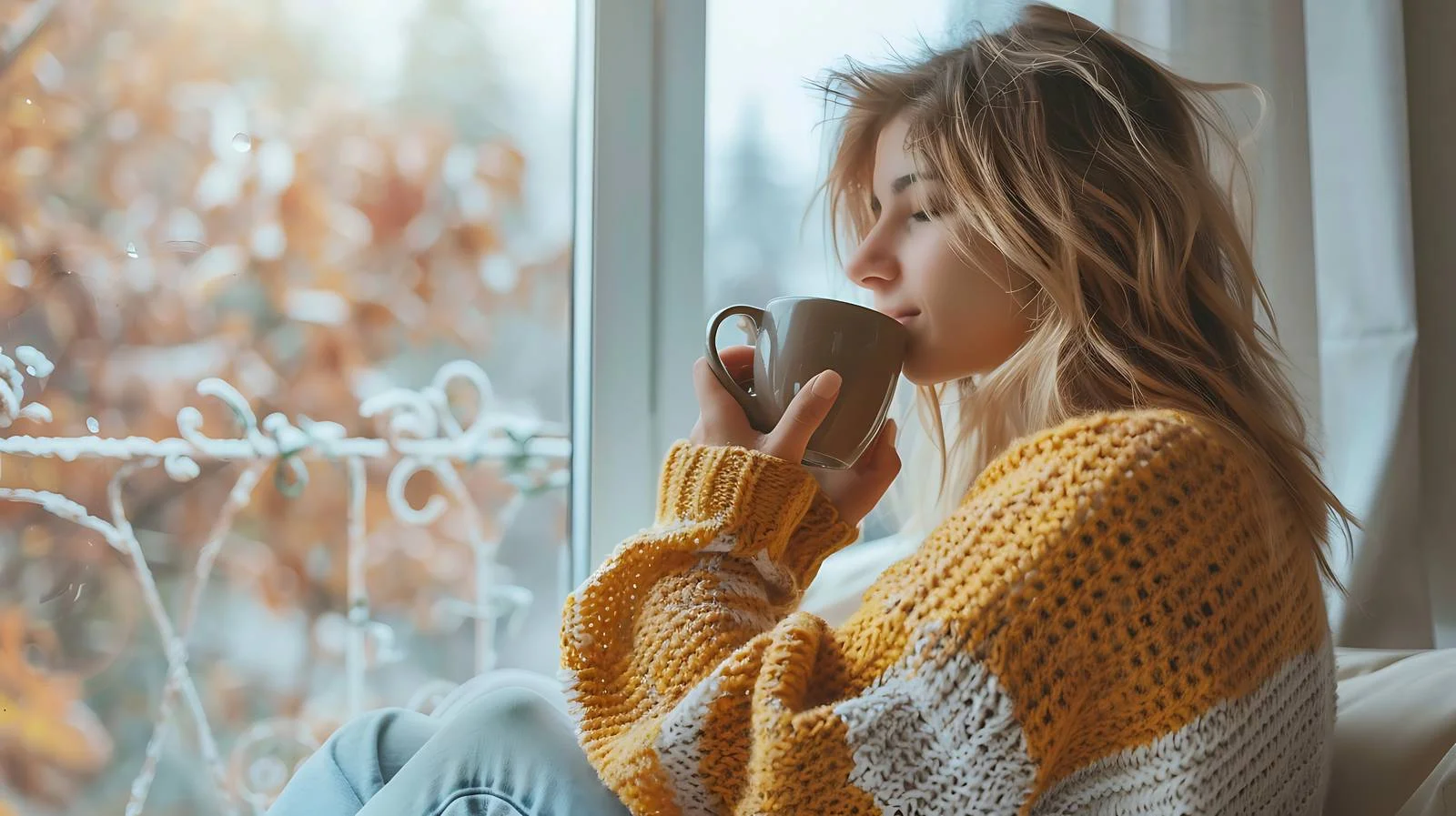 Relaxed young lady enjoying morning coffee on sofa — free download from Dotvec