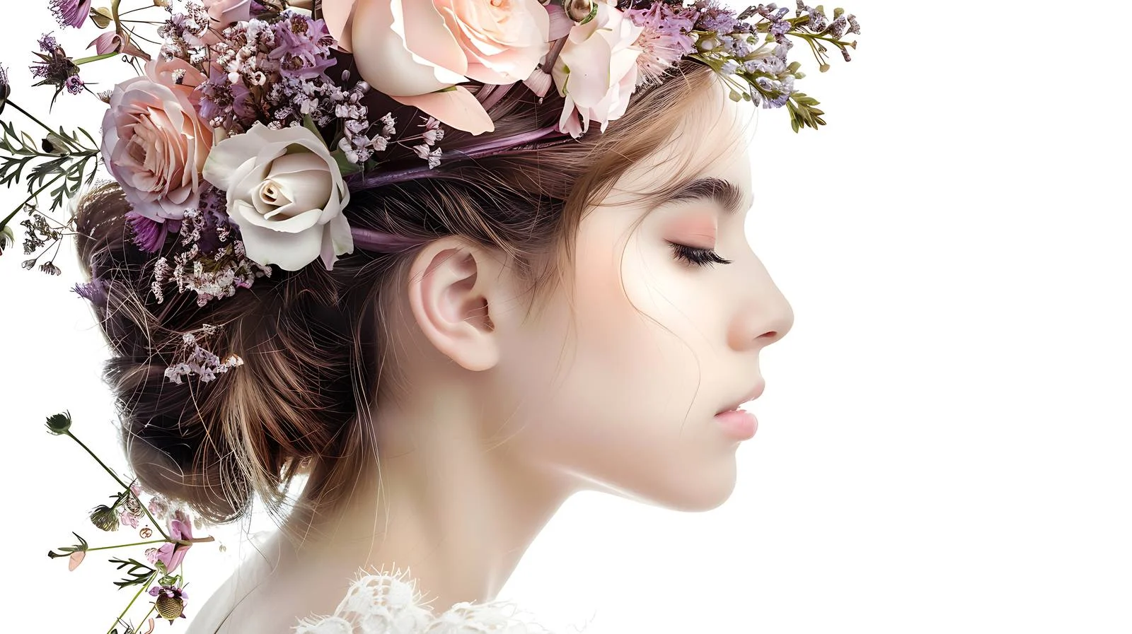 Elegant young lady adorned with floral hair accessories — free download from Dotvec