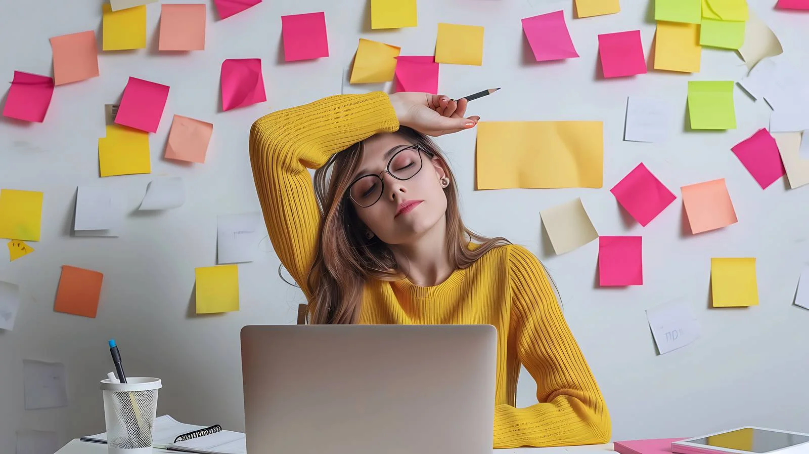 Professional Woman Working with Laptop and Adhesive — free download from Dotvec