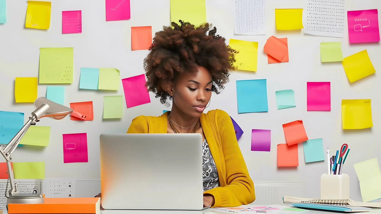 Professional Woman Using Laptop and Adhesive — free download from Dotvec