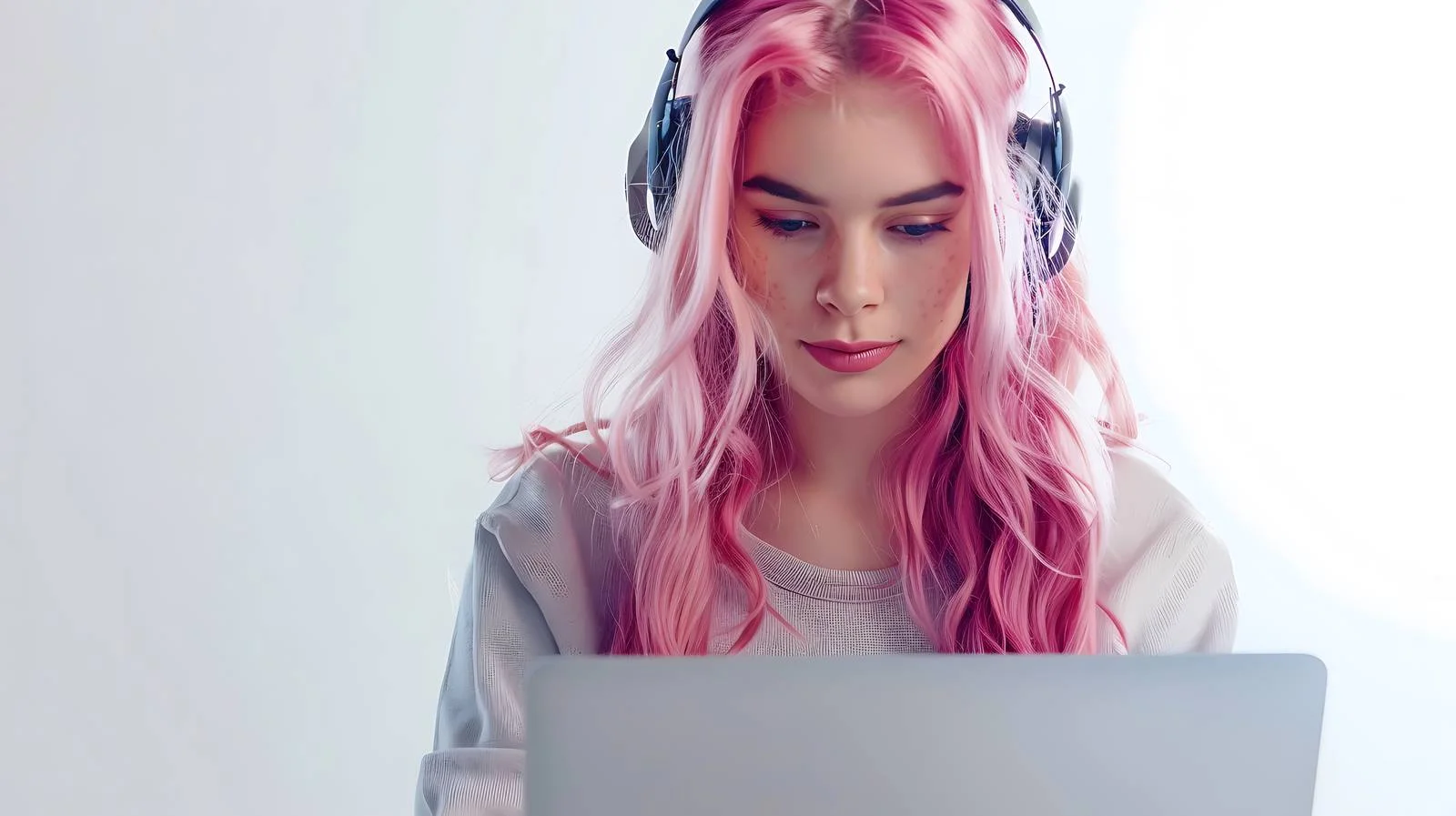 Stylish Pink Hair Woman with Headphones — free download from Dotvec
