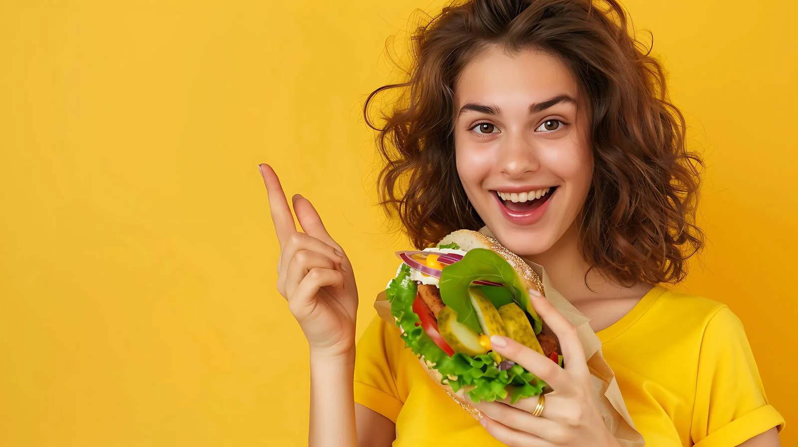 Woman Enjoying Sandwich Wrap, Pointing — free download from Dotvec