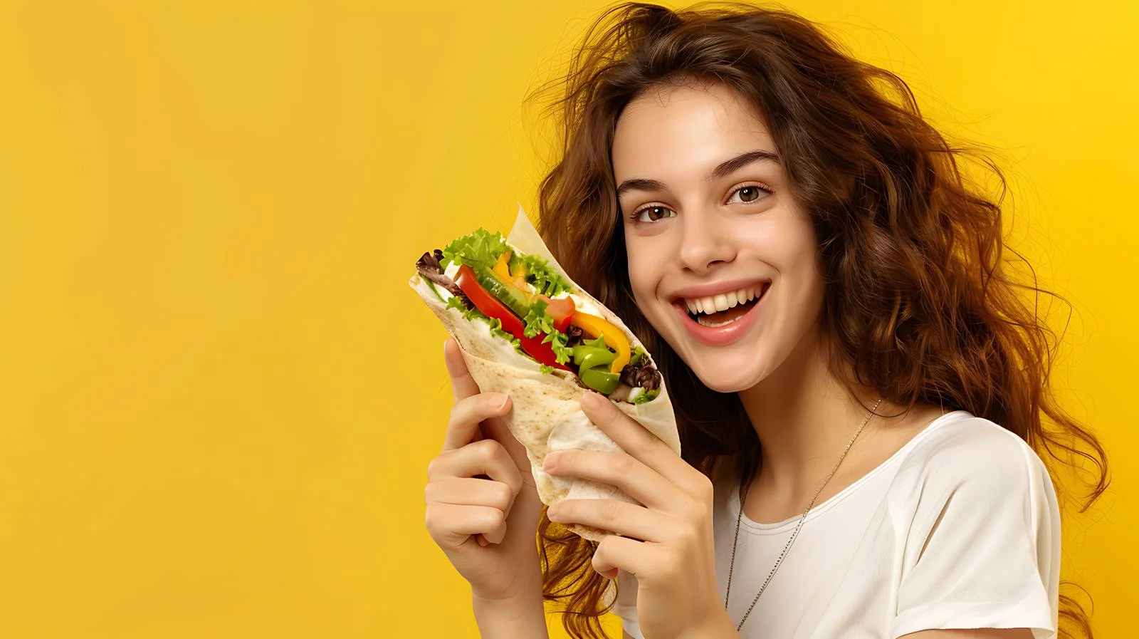 Energetic Woman Pointing at Delicious Sandwich Wrap — free download from Dotvec