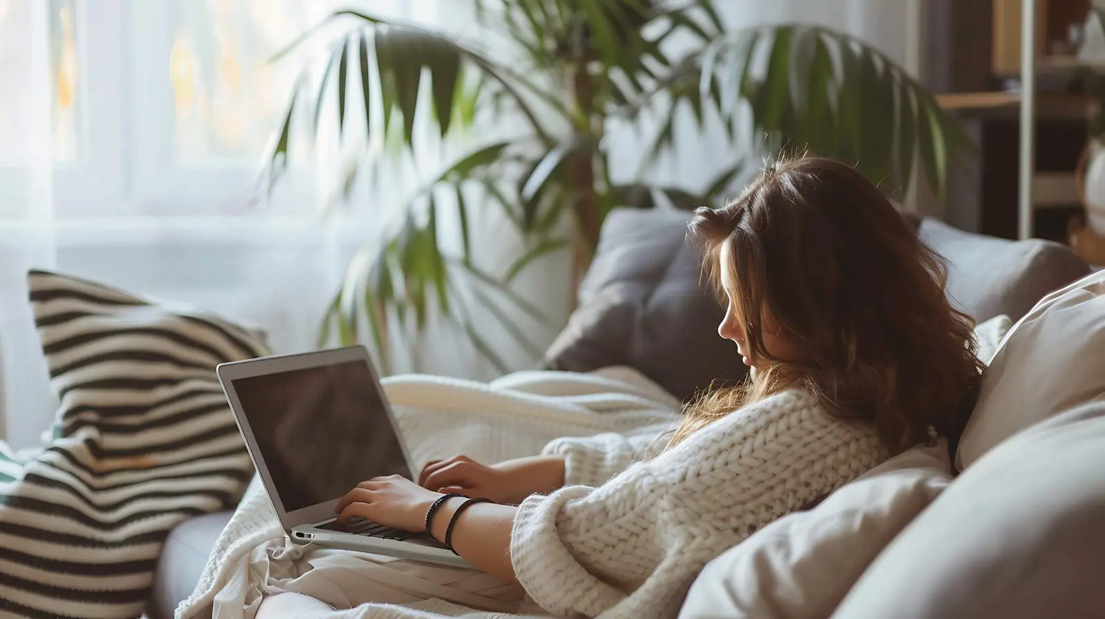 Young Woman Using Laptop on Couch – free typing image from Dotvec