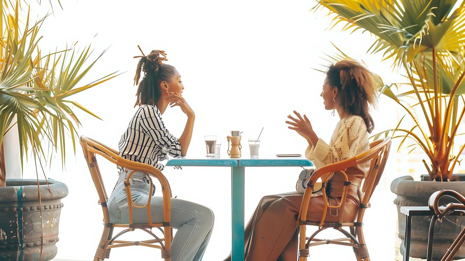 Elegant young ladies chatting at outdoor cafe — free download from Dotvec