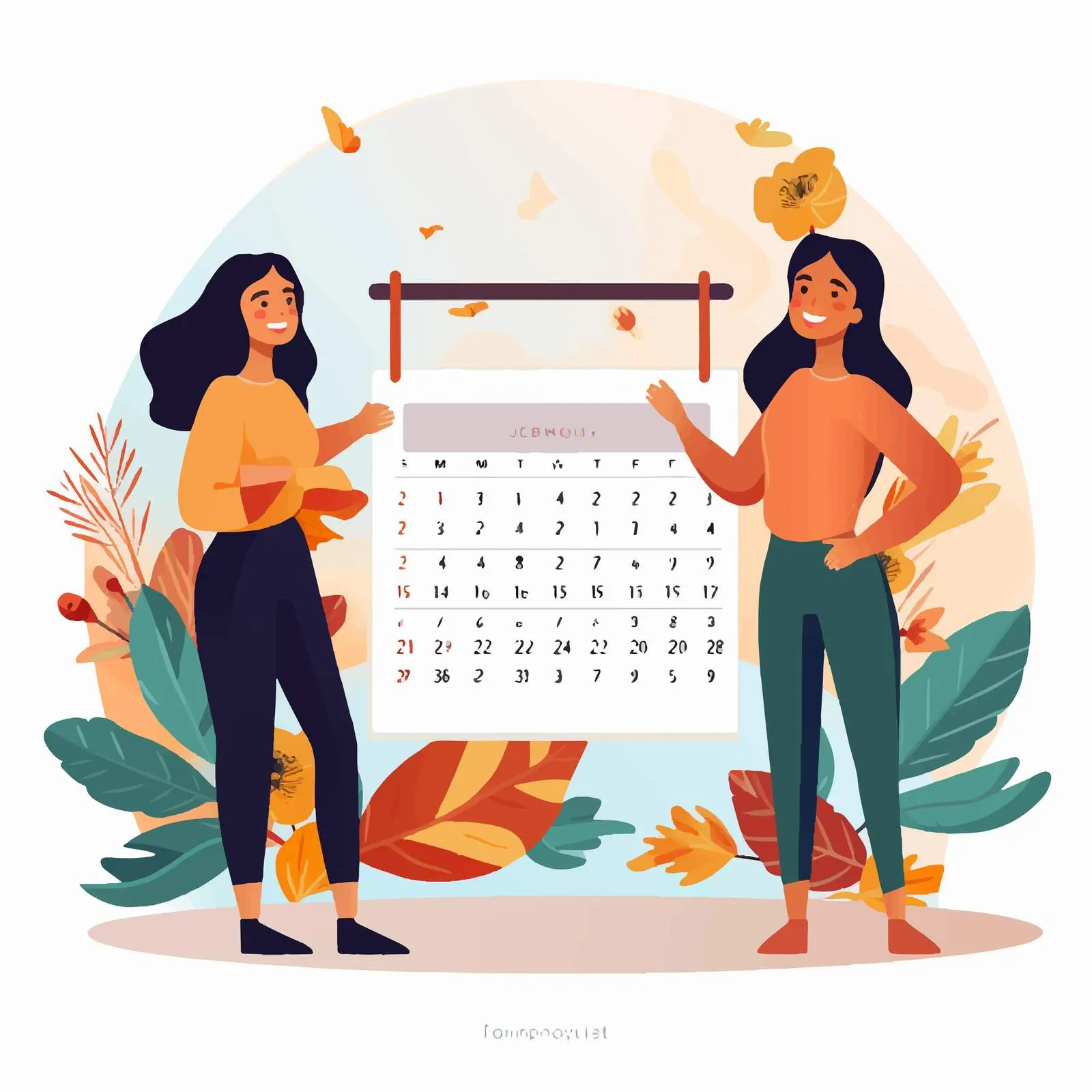 Young Women with Calendar Characters Cartoon Vector — free download from Dotvec